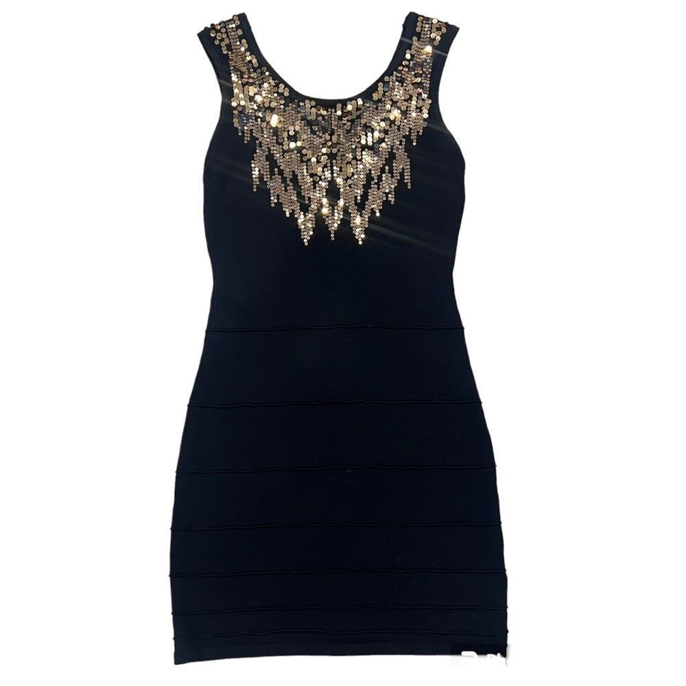Y2K 2b Bebe Black Metallic Gold Sequin Bandage Sleeveless Cutout Back Slip - Picture 2 of 14